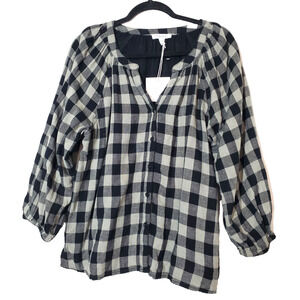 Beach Lunch Lounge NEW Womens Medium Top Black‎ Cotton Plaid Long Sleeve Gauze